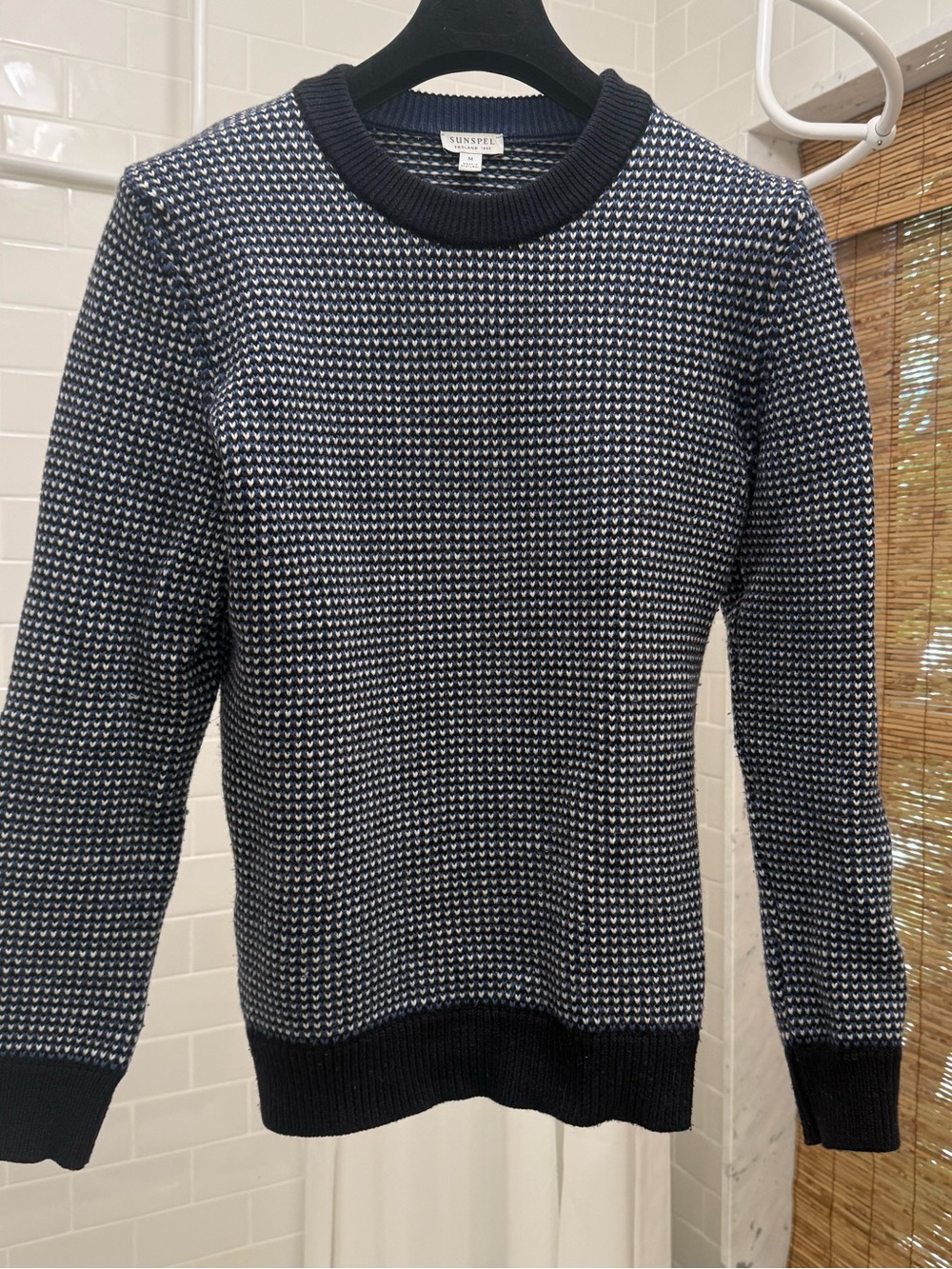 Sunspel Fisherman Merino Wool Navy & White Textured Knit Crewneck